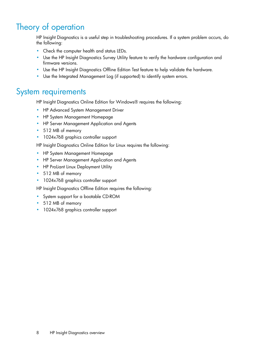 Theory of operation, System requirements, 8 system requirements | HP Insight Diagnostics Software User Manual | Page 8 / 44