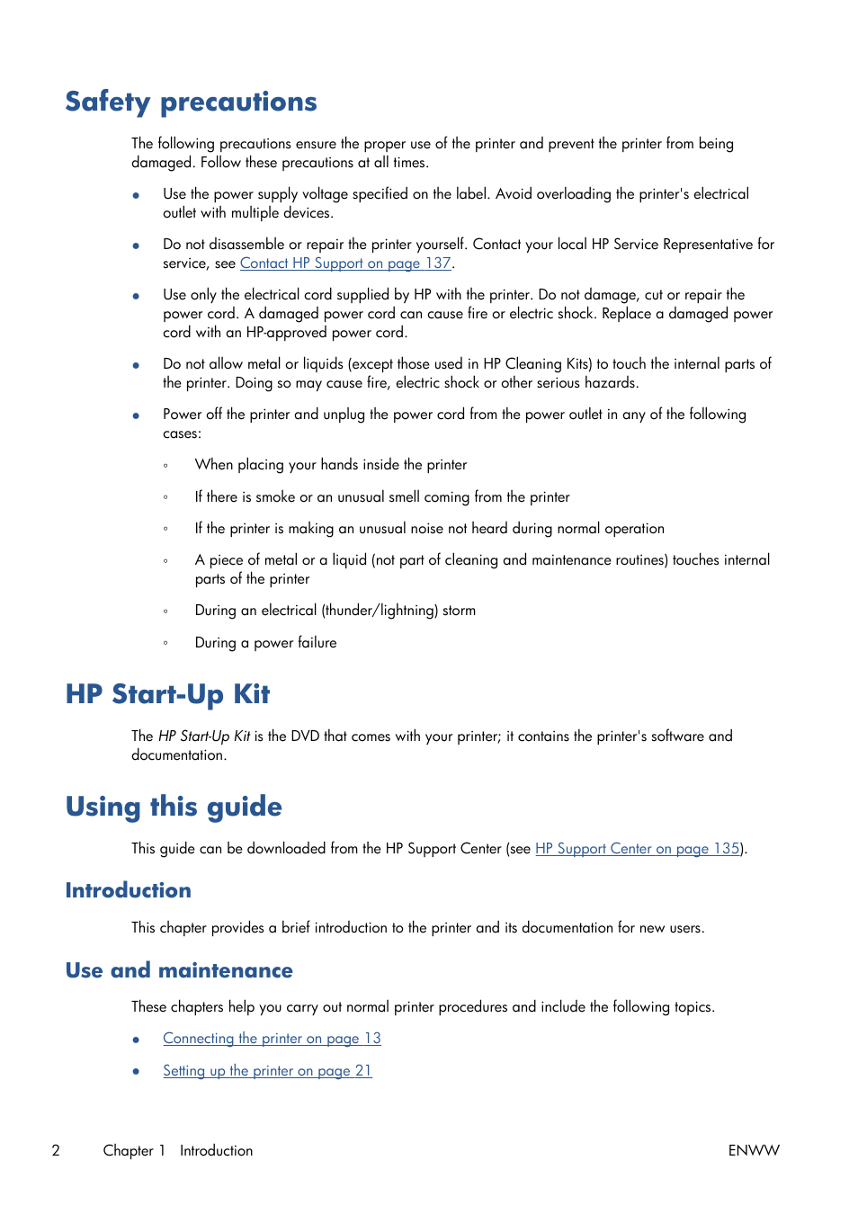 Safety precautions, Hp start-up kit, Using this guide | Introduction, Use and maintenance | HP Designjet T120 ePrinter User Manual | Page 10 / 156