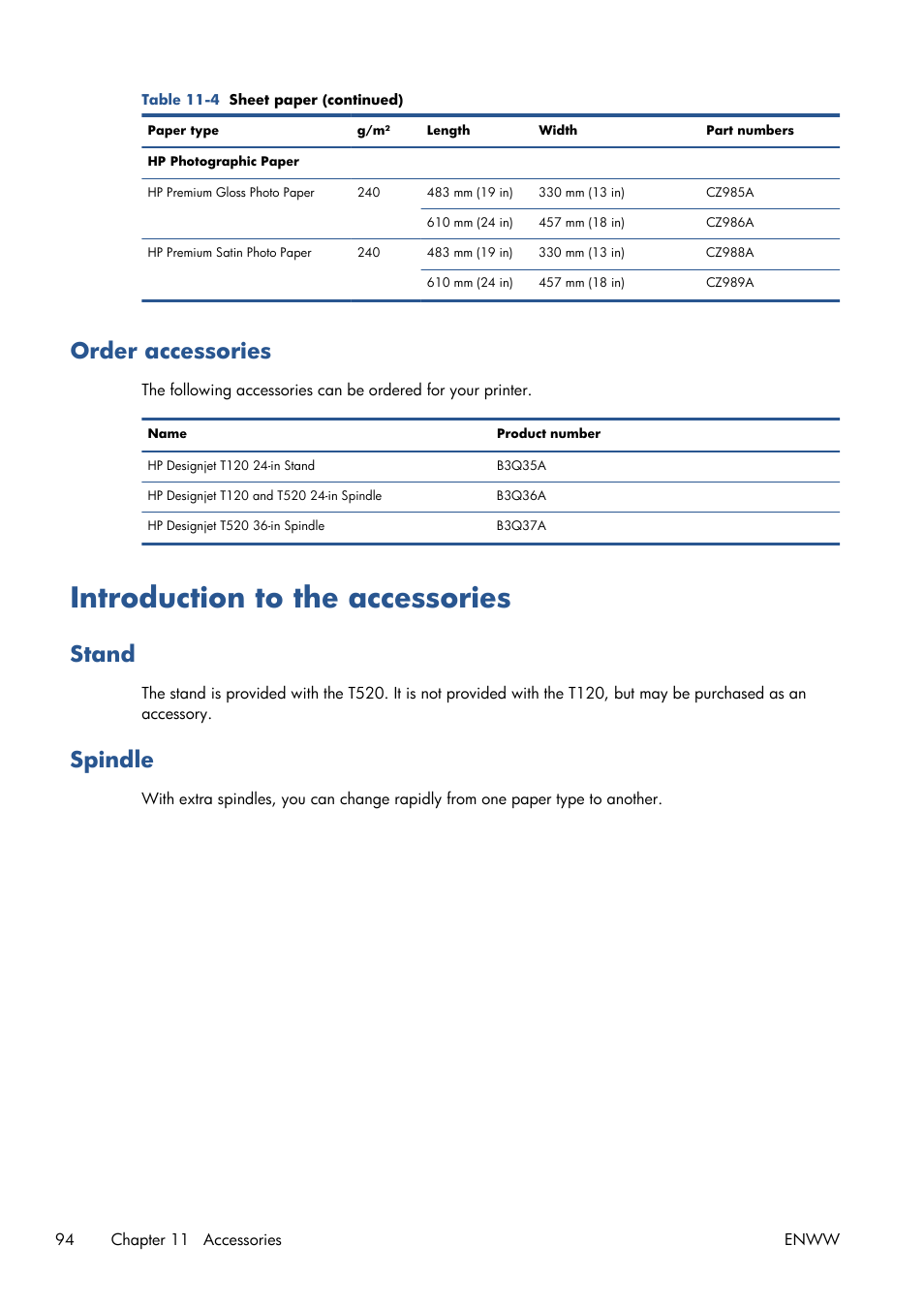 Order accessories, Introduction to the accessories, Stand | Spindle | HP Designjet T120 ePrinter User Manual | Page 102 / 156