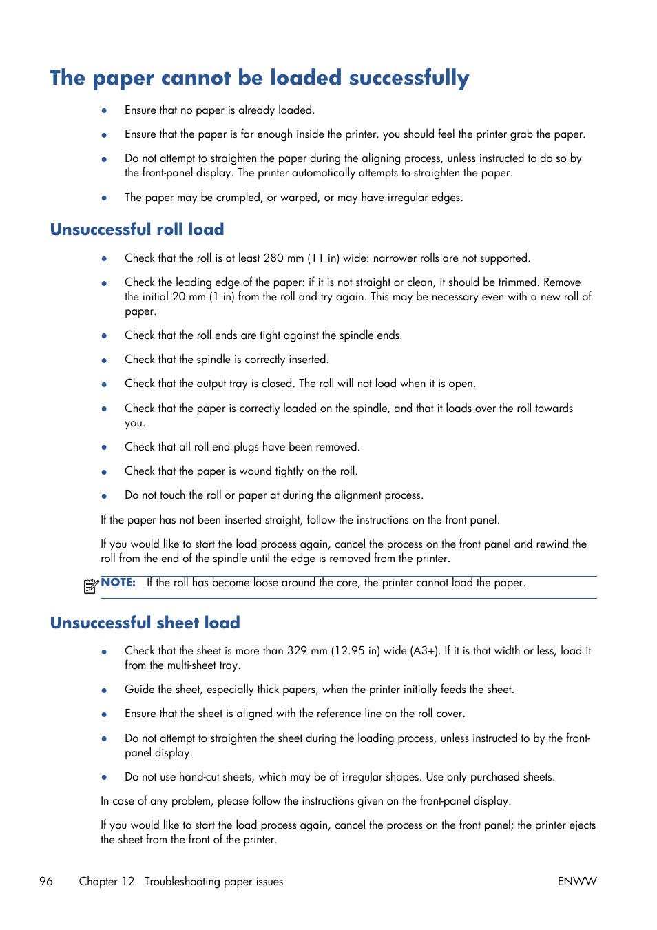 The paper cannot be loaded successfully, Unsuccessful roll load, Unsuccessful sheet load | The paper | HP Designjet T120 ePrinter User Manual | Page 104 / 156
