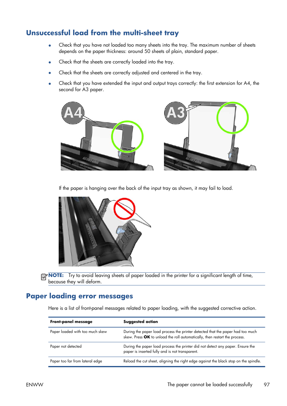 Unsuccessful load from the multi-sheet tray, Paper loading error messages | HP Designjet T120 ePrinter User Manual | Page 105 / 156