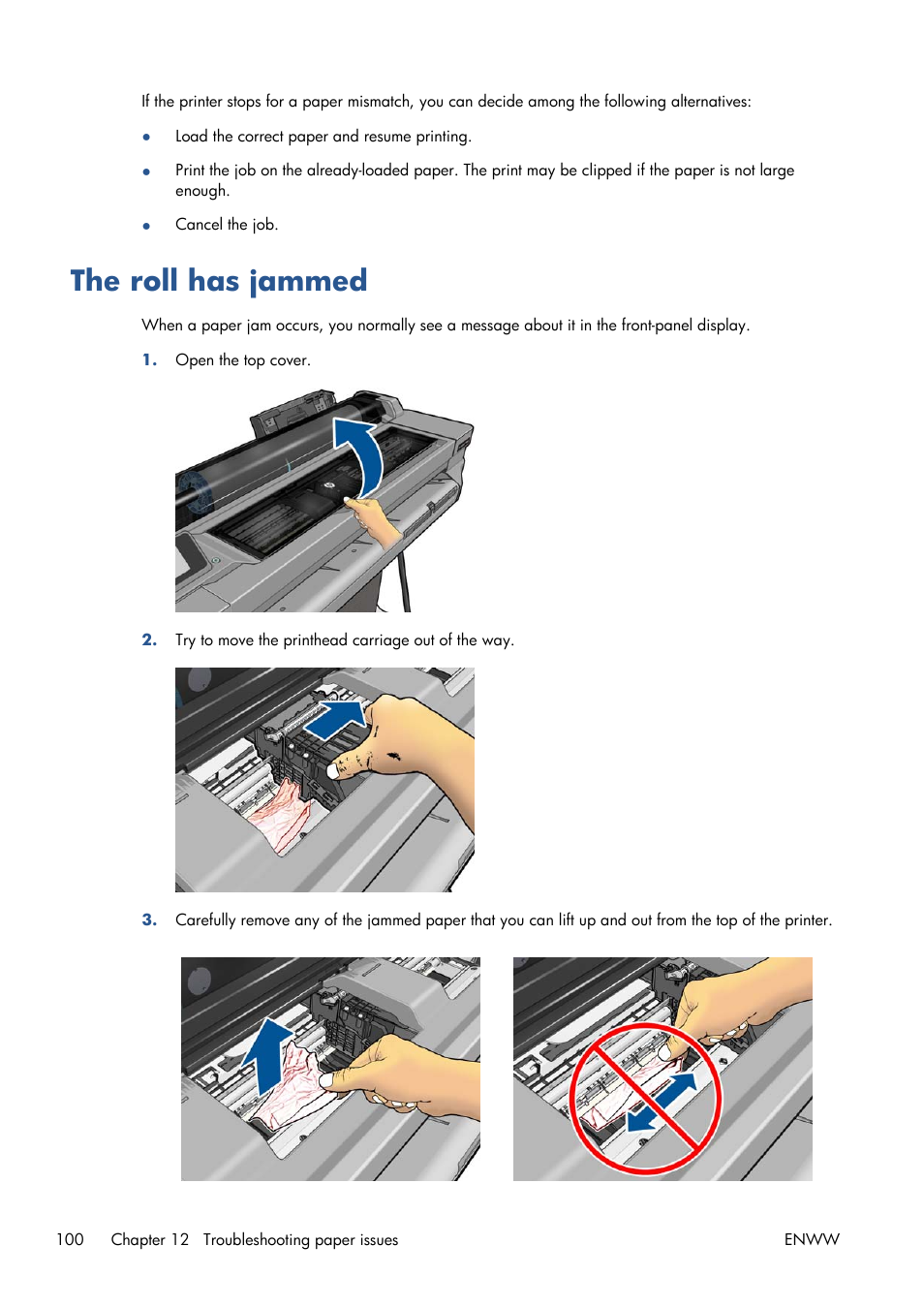 The roll has jammed | HP Designjet T120 ePrinter User Manual | Page 108 / 156