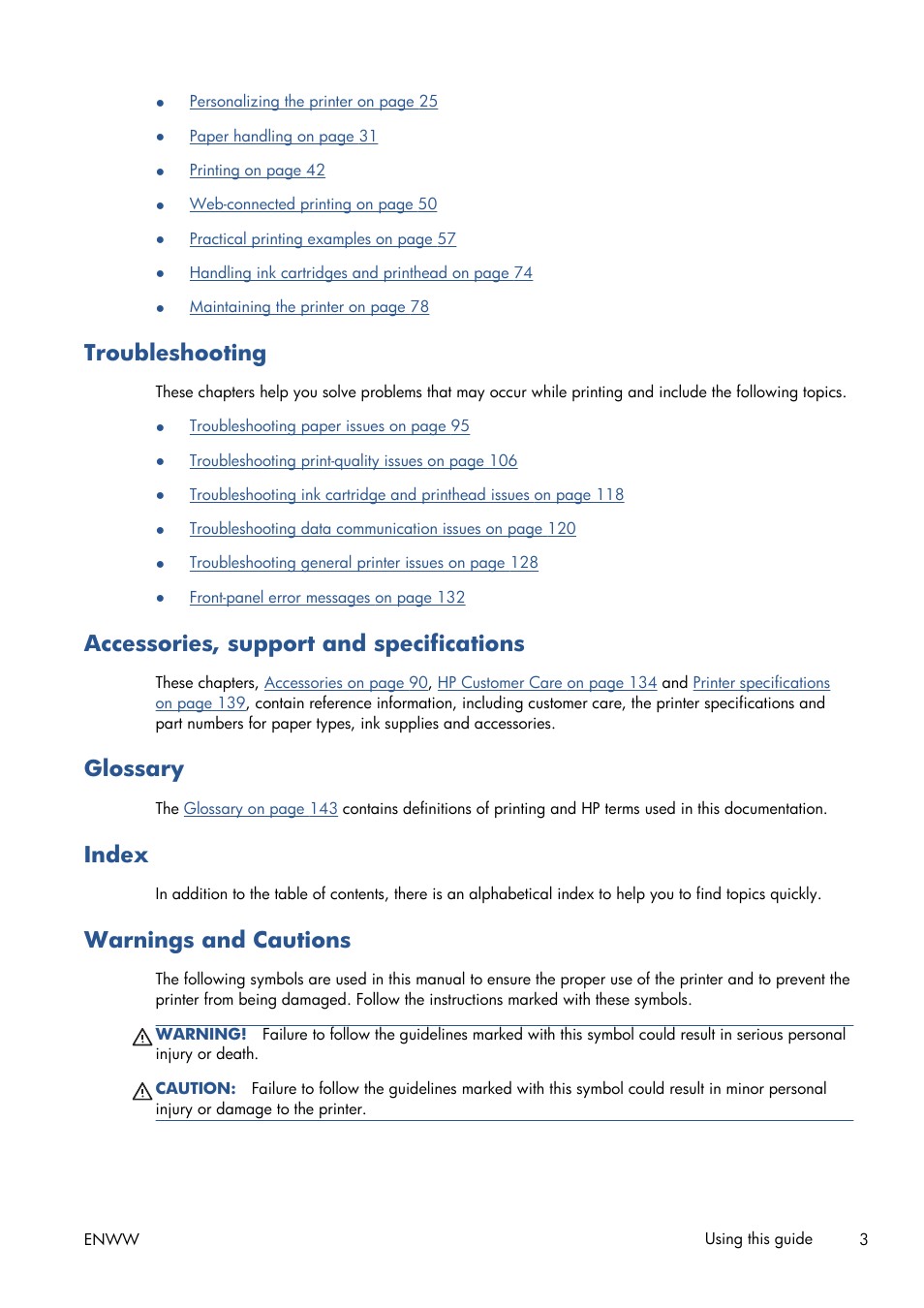 Troubleshooting, Accessories, support and specifications, Glossary | Index, Warnings and cautions | HP Designjet T120 ePrinter User Manual | Page 11 / 156