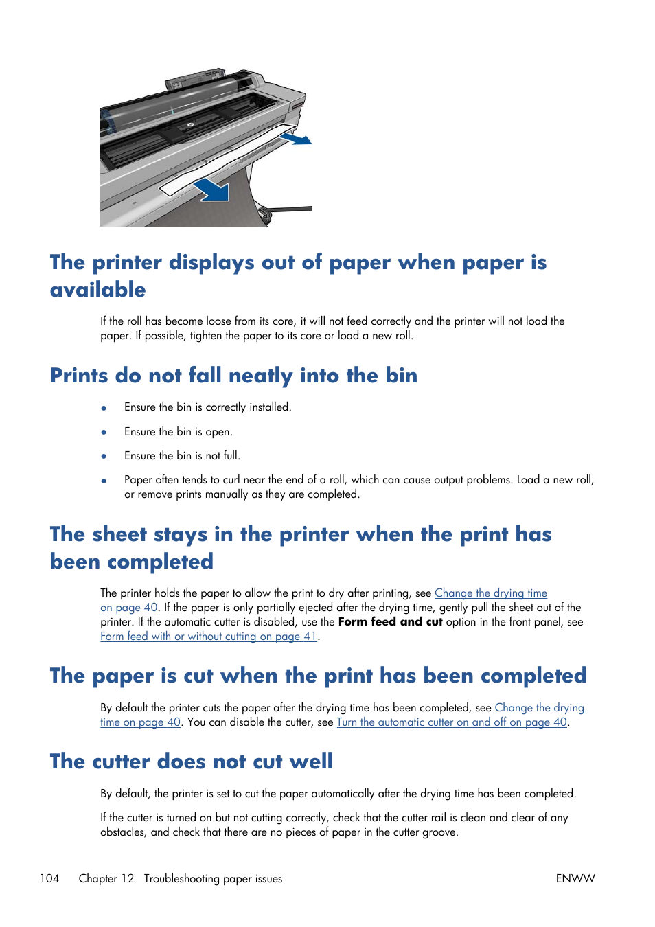 Prints do not fall neatly into the bin, The paper is cut when the print has been completed, The cutter does not cut well | HP Designjet T120 ePrinter User Manual | Page 112 / 156