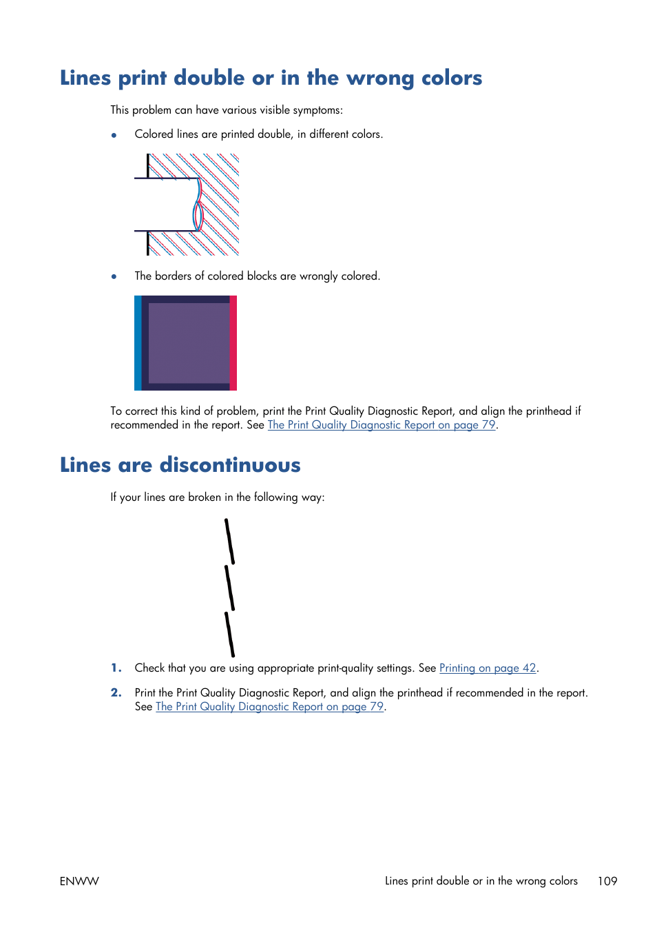 Lines print double or in the wrong colors, Lines are discontinuous | HP Designjet T120 ePrinter User Manual | Page 117 / 156