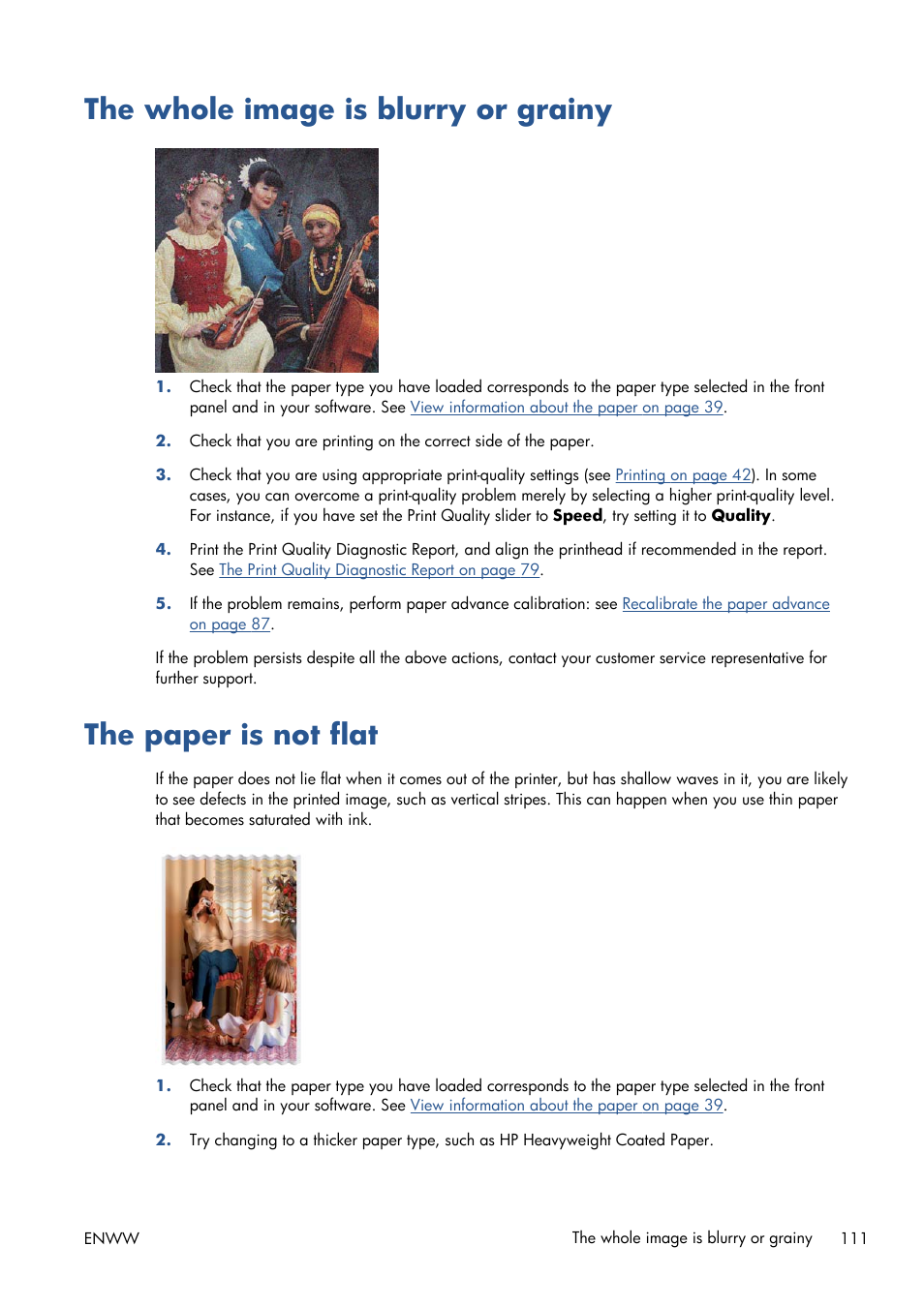 The whole image is blurry or grainy, The paper is not flat | HP Designjet T120 ePrinter User Manual | Page 119 / 156
