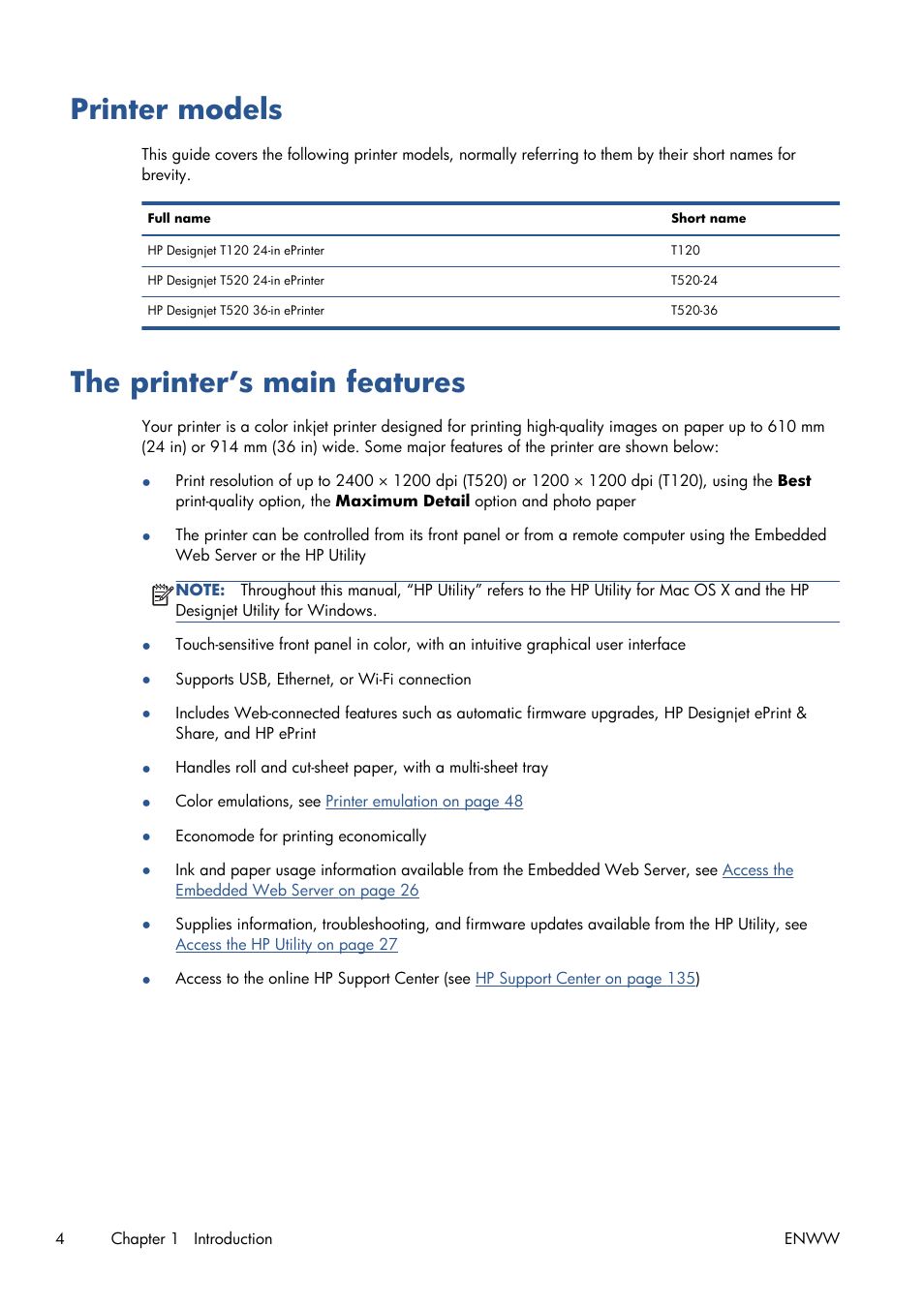 Printer models, The printer’s main features, Printer models the printer’s main features | HP Designjet T120 ePrinter User Manual | Page 12 / 156