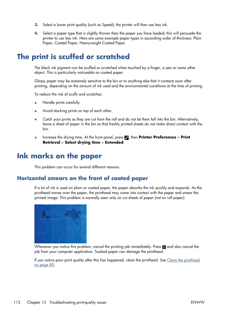 The print is scuffed or scratched, Ink marks on the paper, Horizontal smears on the front of coated paper | HP Designjet T120 ePrinter User Manual | Page 120 / 156