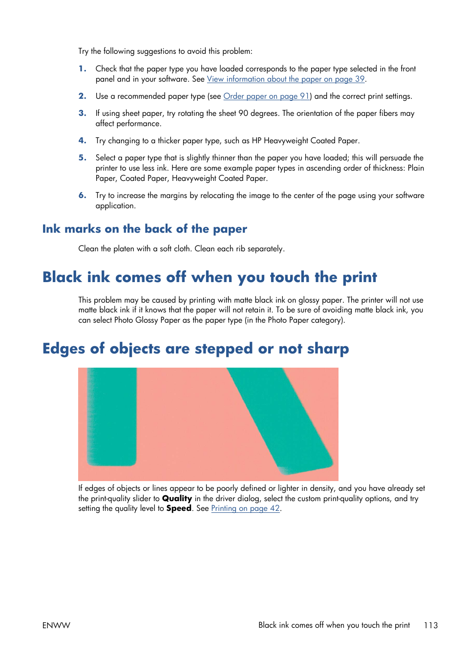 Ink marks on the back of the paper, Black ink comes off when you touch the print, Edges of objects are stepped or not sharp | HP Designjet T120 ePrinter User Manual | Page 121 / 156