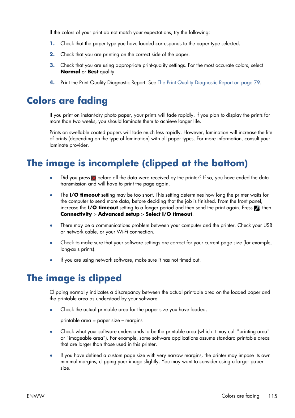 Colors are fading, The image is incomplete (clipped at the bottom), The image is clipped | HP Designjet T120 ePrinter User Manual | Page 123 / 156