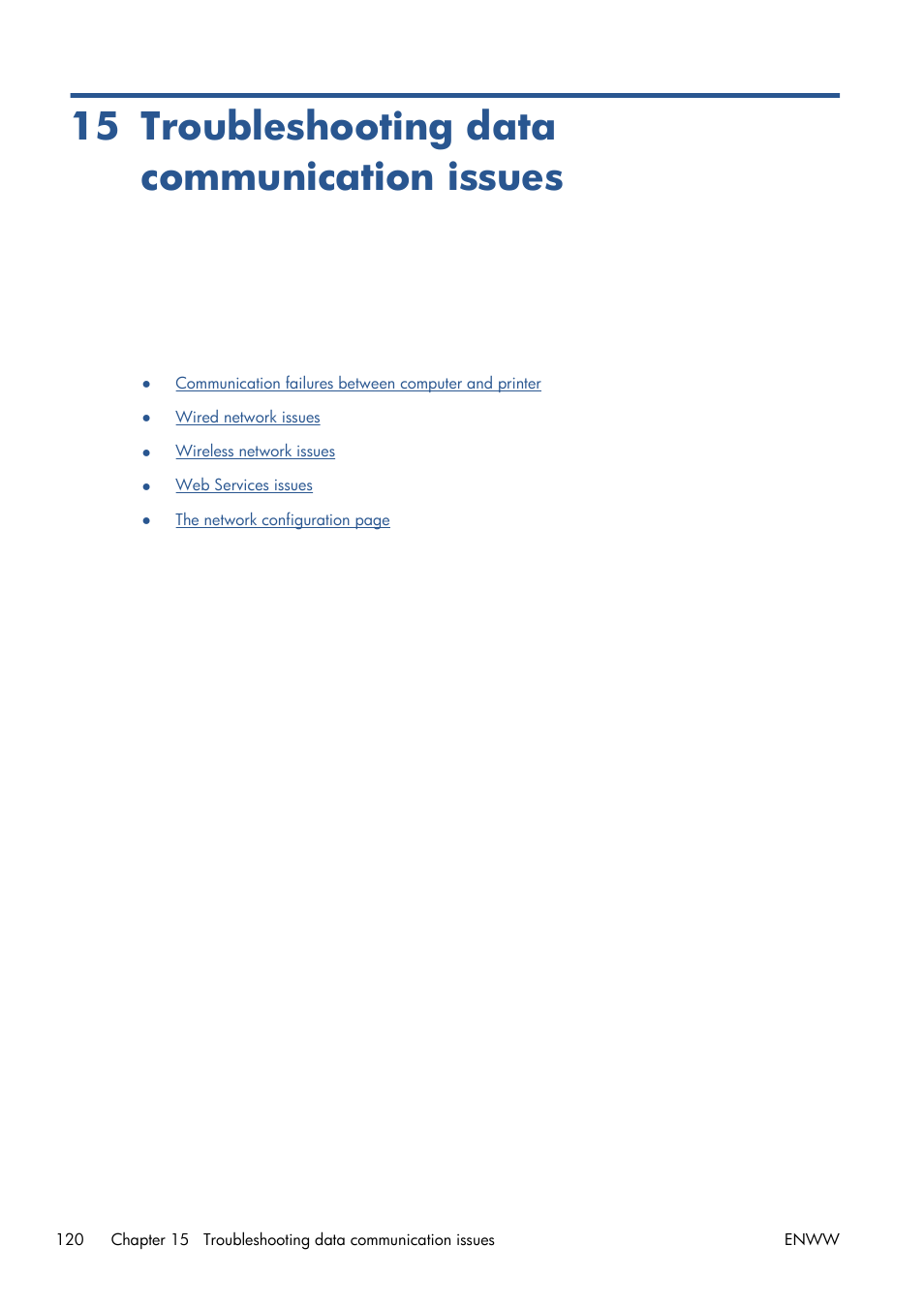 Troubleshooting data communication issues, 15 troubleshooting data communication issues | HP Designjet T120 ePrinter User Manual | Page 128 / 156