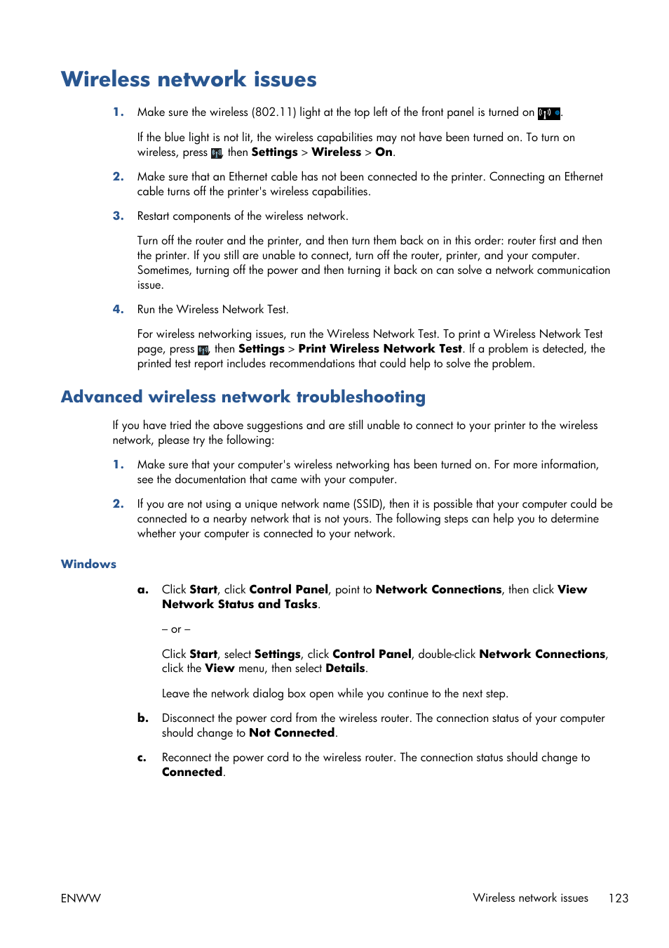 Wireless network issues, Advanced wireless network troubleshooting | HP Designjet T120 ePrinter User Manual | Page 131 / 156