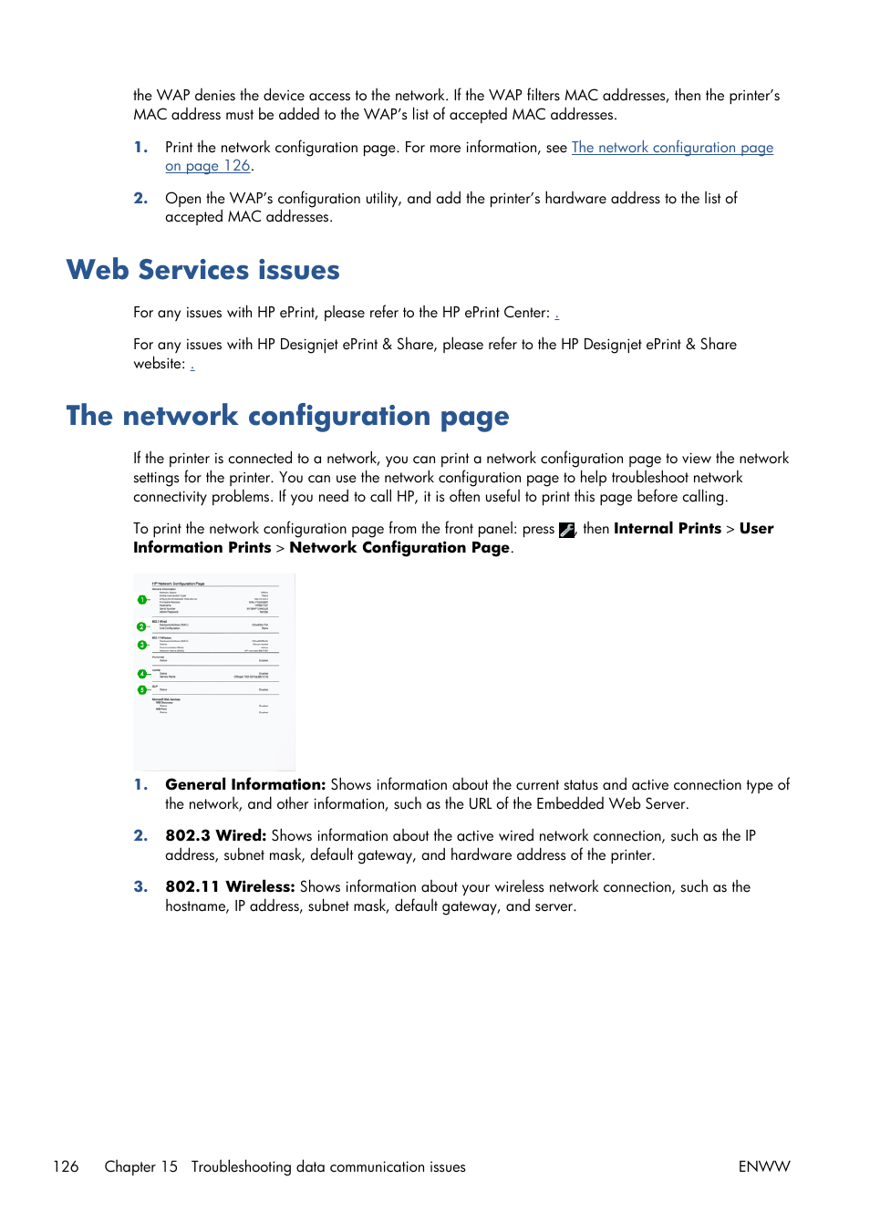 Web services issues, The network, The network configuration page | HP Designjet T120 ePrinter User Manual | Page 134 / 156