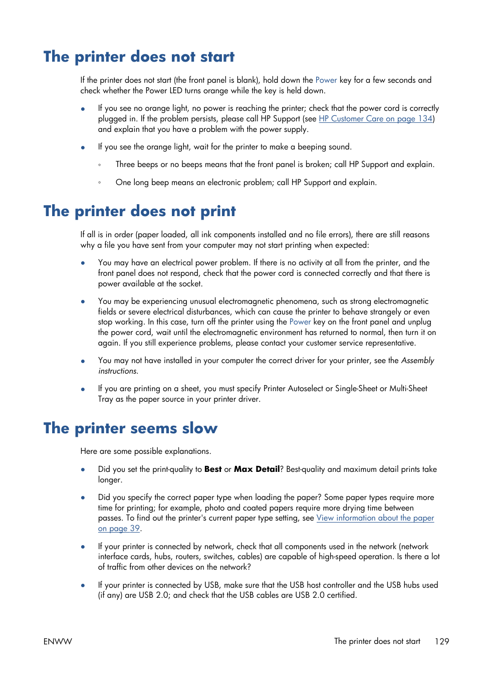 The printer does not start, The printer does not print, The printer seems slow | HP Designjet T120 ePrinter User Manual | Page 137 / 156