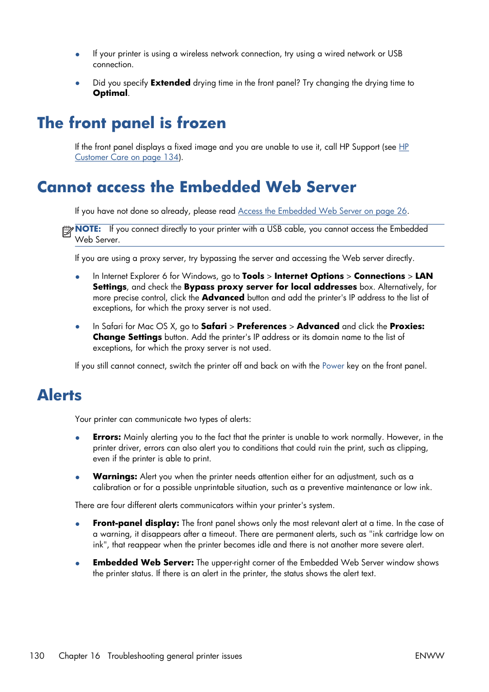 The front panel is frozen, Cannot access the embedded web server, Alerts | HP Designjet T120 ePrinter User Manual | Page 138 / 156