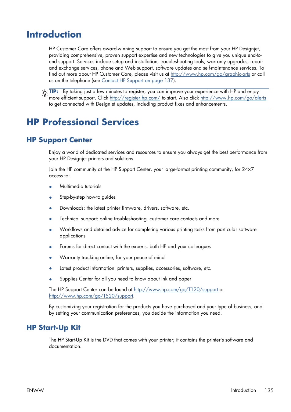 Introduction, Hp professional services, Hp support center | Hp start-up kit, Introduction hp professional services, Ort center (see | HP Designjet T120 ePrinter User Manual | Page 143 / 156