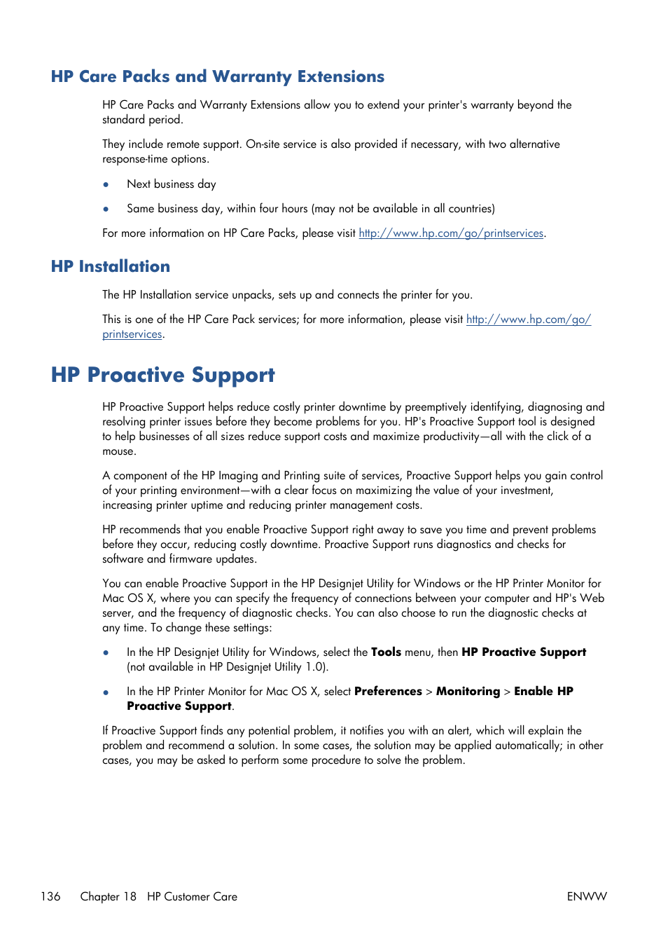 Hp care packs and warranty extensions, Hp installation, Hp proactive support | HP Designjet T120 ePrinter User Manual | Page 144 / 156