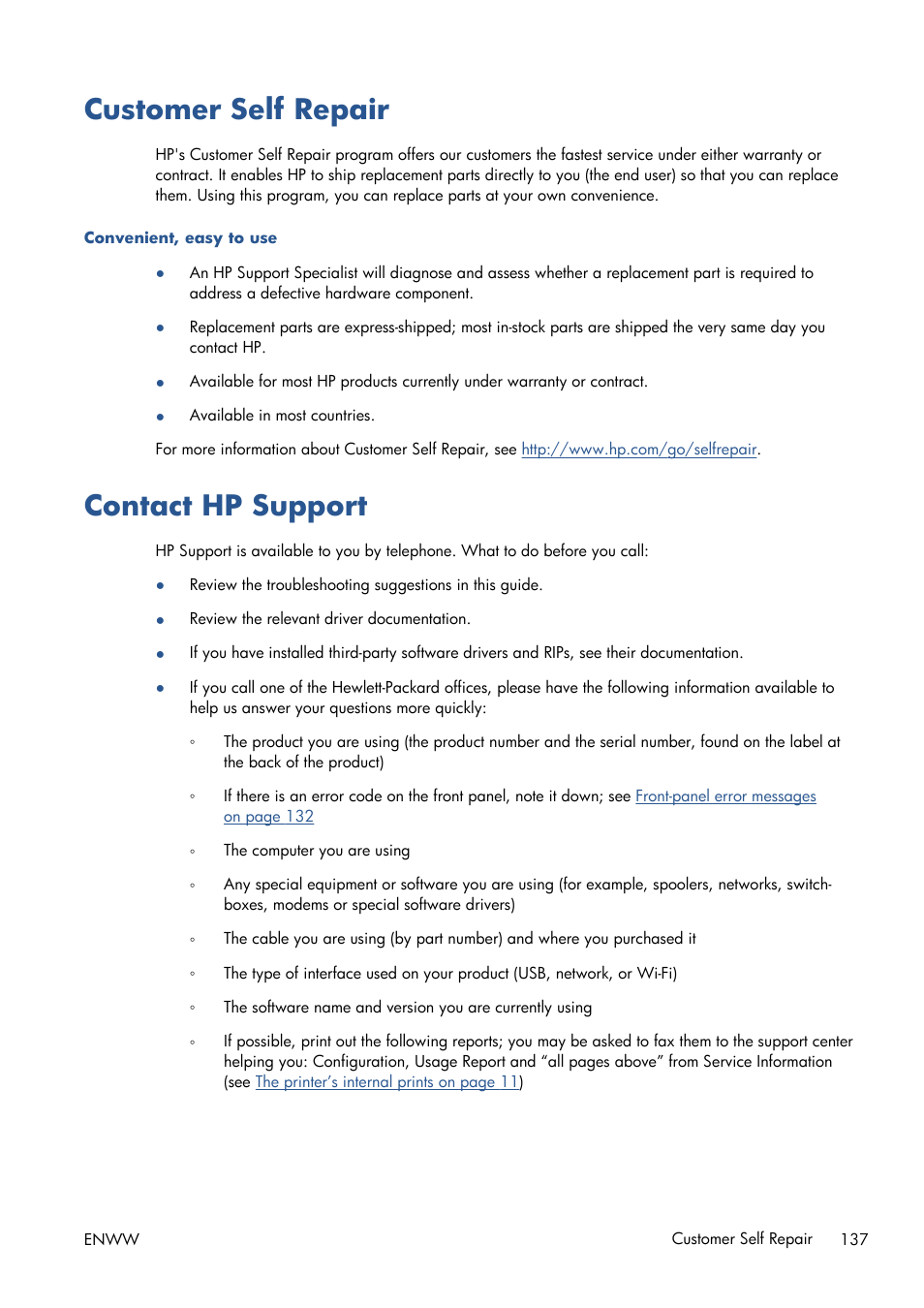 Customer self repair, Contact hp support, Customer self repair contact hp support | HP Designjet T120 ePrinter User Manual | Page 145 / 156