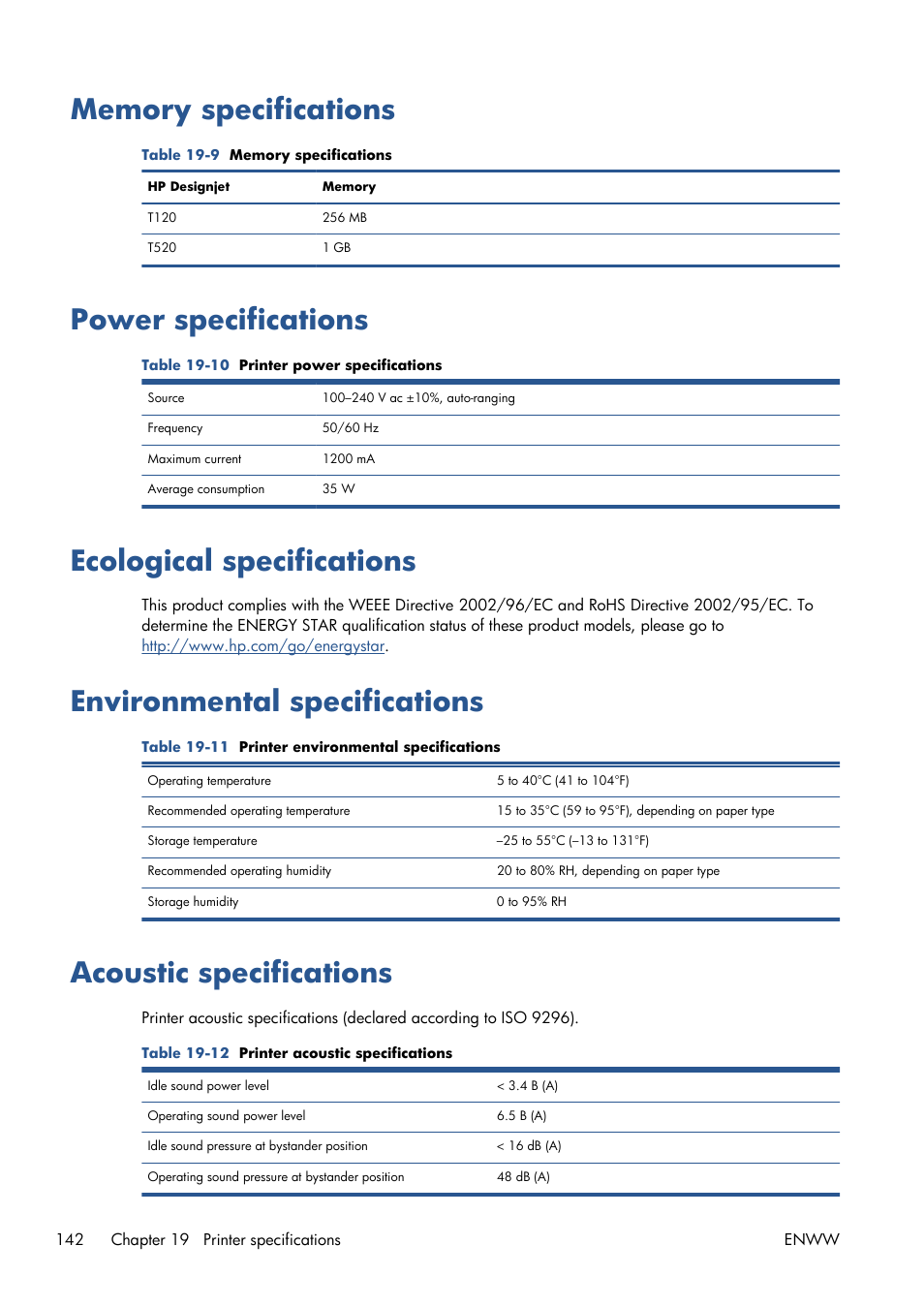 Memory specifications, Power specifications, Ecological specifications | Environmental specifications, Acoustic specifications | HP Designjet T120 ePrinter User Manual | Page 150 / 156