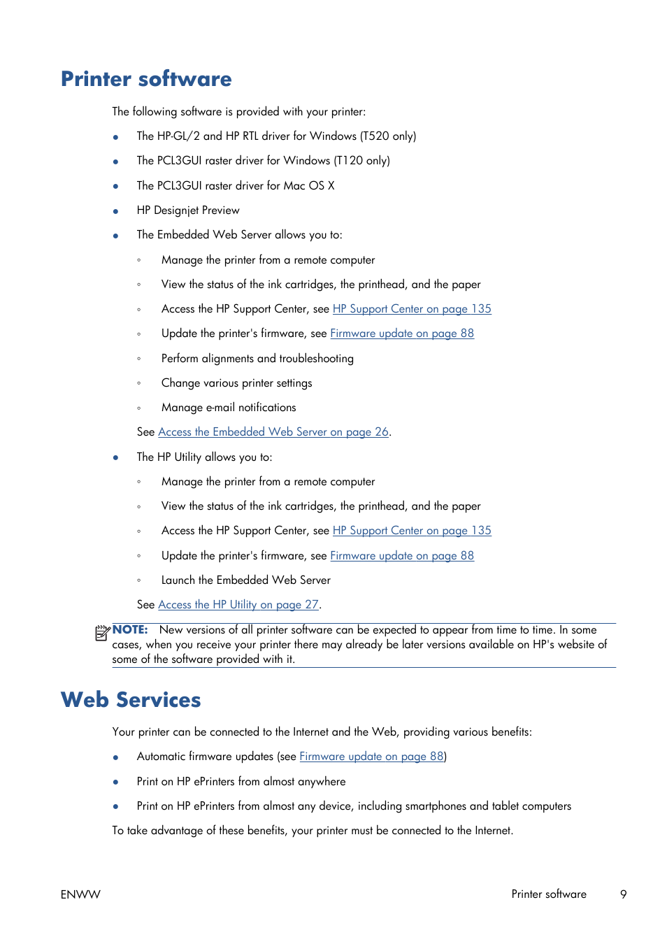 Printer software, Web services, Printer software web services | HP Designjet T120 ePrinter User Manual | Page 17 / 156