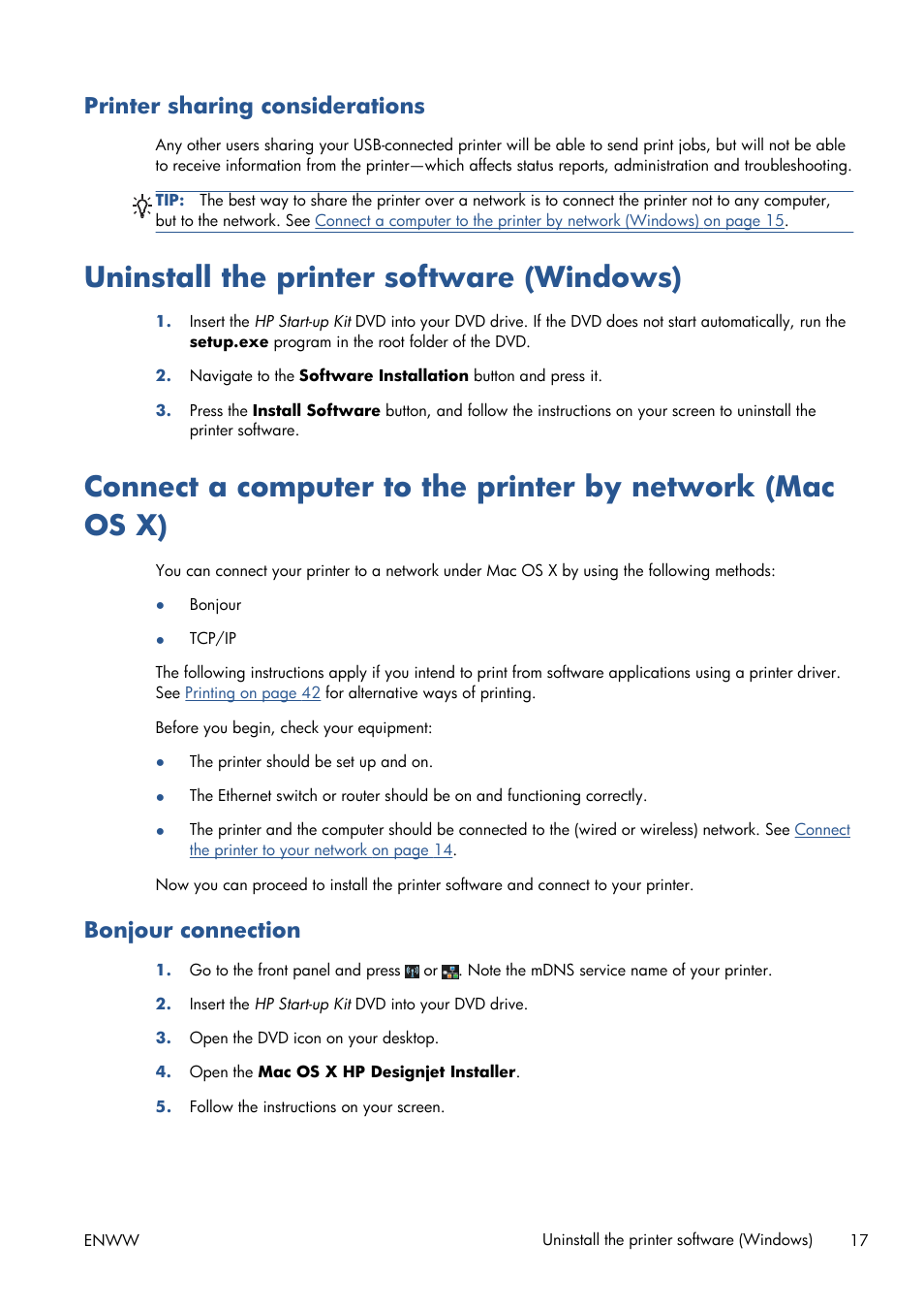 Printer sharing considerations, Uninstall the printer software (windows), Bonjour connection | HP Designjet T120 ePrinter User Manual | Page 25 / 156