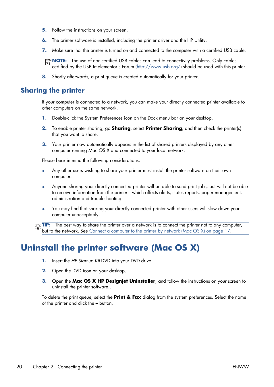 Sharing the printer, Uninstall the printer software (mac os x) | HP Designjet T120 ePrinter User Manual | Page 28 / 156