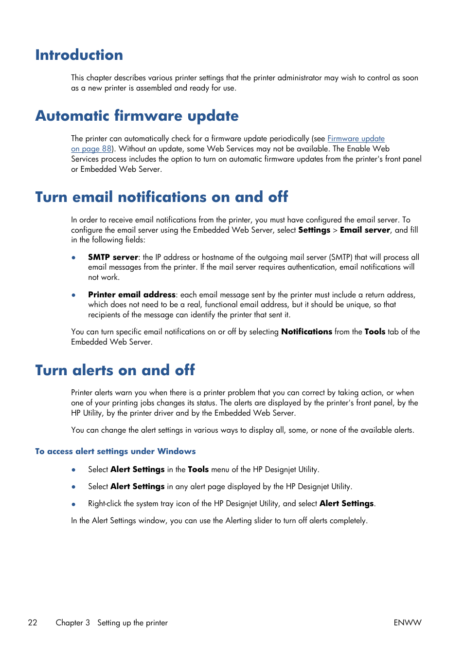 Introduction, Automatic firmware update, Turn email notifications on and off | Turn alerts on and off | HP Designjet T120 ePrinter User Manual | Page 30 / 156