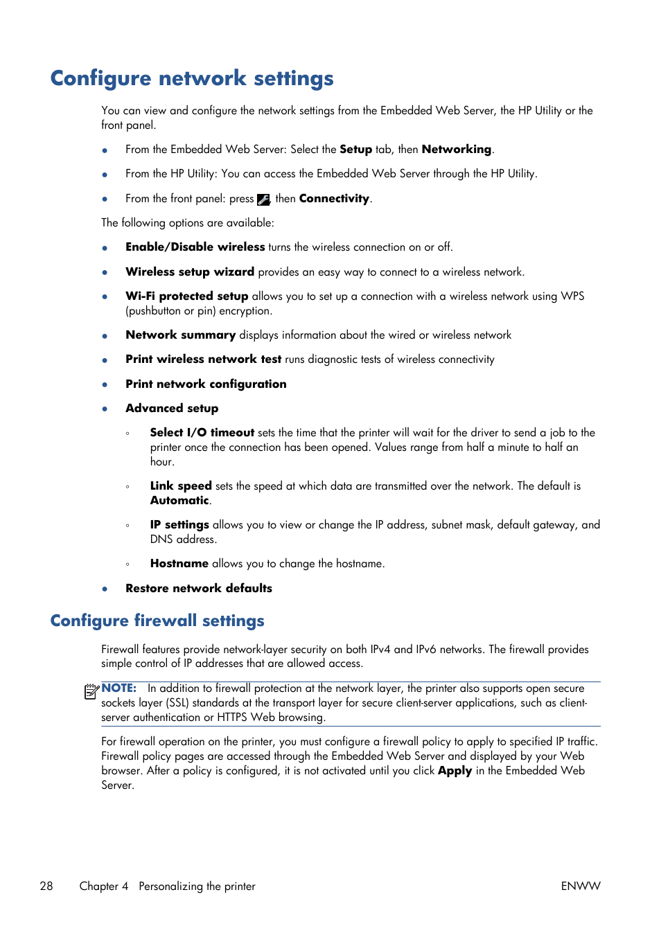 Configure network settings, Configure firewall settings | HP Designjet T120 ePrinter User Manual | Page 36 / 156