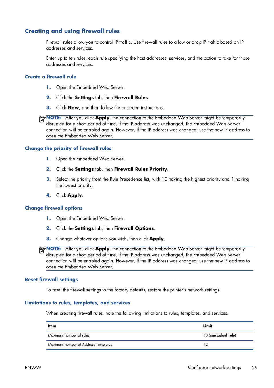Creating and using firewall rules, Create a firewall rule, Change the priority of firewall rules | Change firewall options, Reset firewall settings, Limitations to rules, templates, and services | HP Designjet T120 ePrinter User Manual | Page 37 / 156