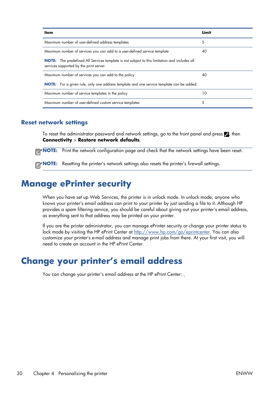 Reset network settings, Manage eprinter security, Change your printer’s email address | HP Designjet T120 ePrinter User Manual | Page 38 / 156