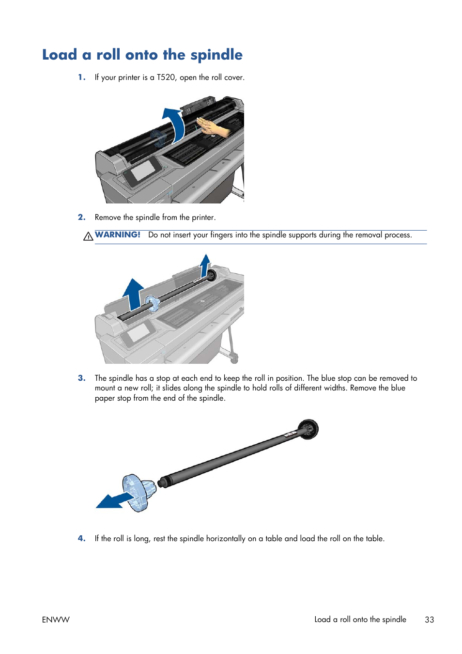 Load a roll onto the spindle | HP Designjet T120 ePrinter User Manual | Page 41 / 156