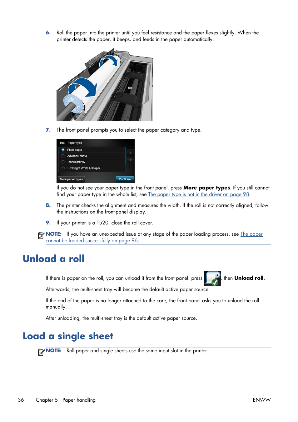 Unload a roll, Load a single sheet, Unload a roll load a single sheet | HP Designjet T120 ePrinter User Manual | Page 44 / 156