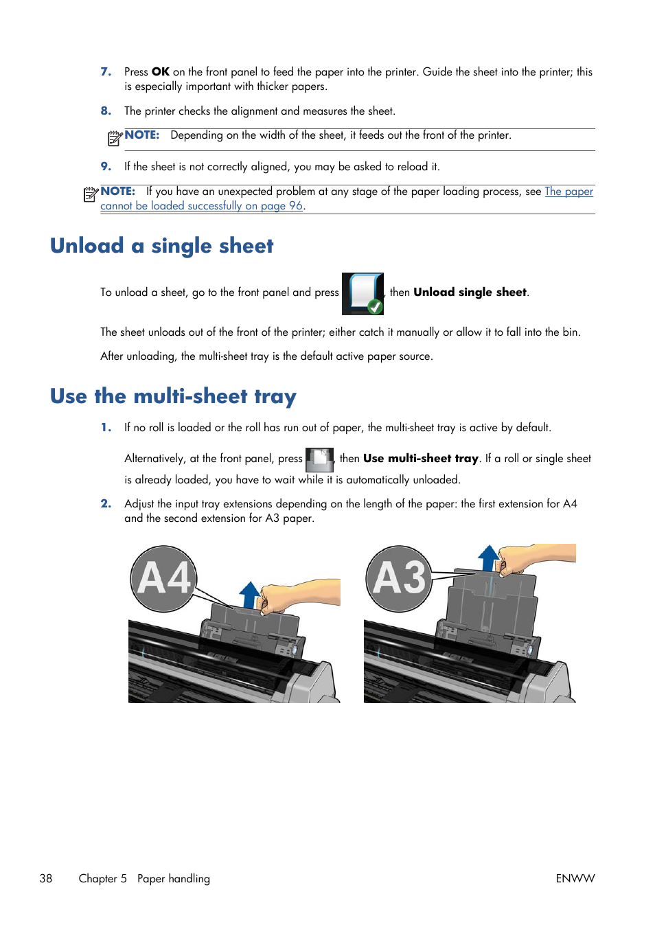 Unload a single sheet, Use the multi-sheet tray, Unload a single sheet use the multi-sheet tray | HP Designjet T120 ePrinter User Manual | Page 46 / 156