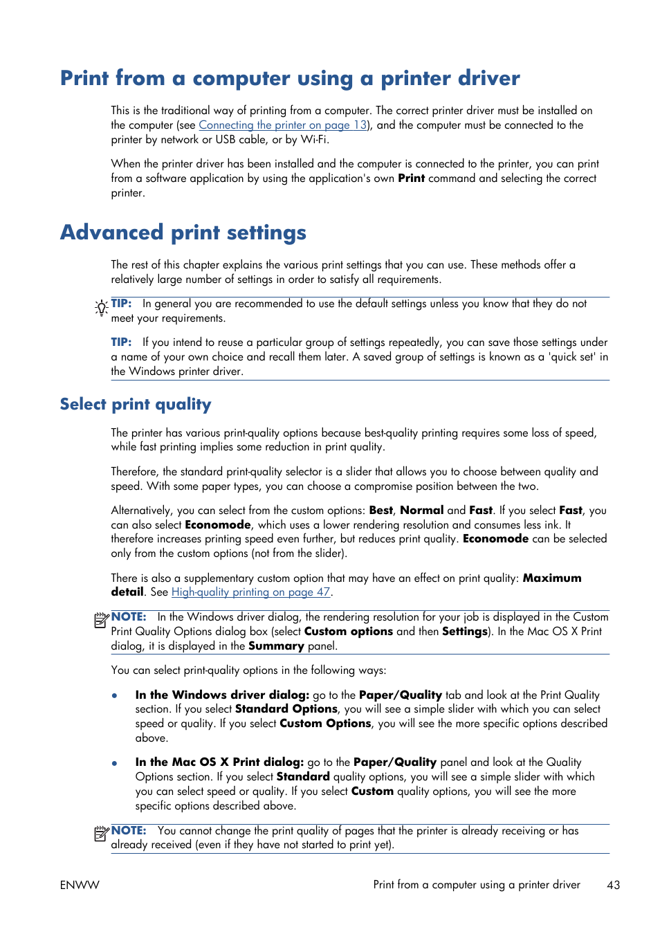 Print from a computer using a printer driver, Advanced print settings, Select print quality | HP Designjet T120 ePrinter User Manual | Page 51 / 156