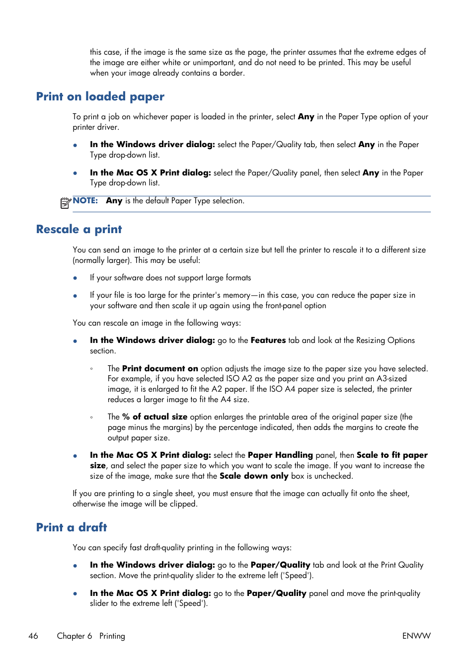 Print on loaded paper, Rescale a print, Print a draft | HP Designjet T120 ePrinter User Manual | Page 54 / 156