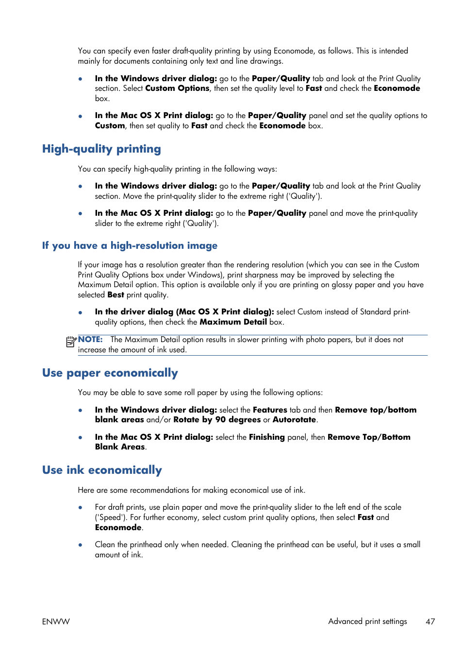 High-quality printing, If you have a high-resolution image, Use paper economically | Use ink economically | HP Designjet T120 ePrinter User Manual | Page 55 / 156