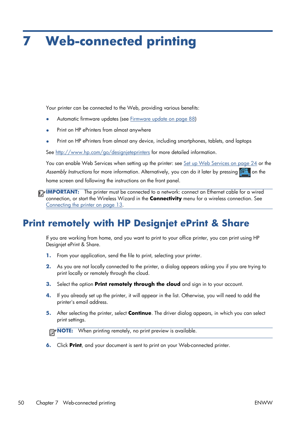 Web-connected printing, Print remotely with hp designjet eprint & share, 7 web-connected printing | HP Designjet T120 ePrinter User Manual | Page 58 / 156