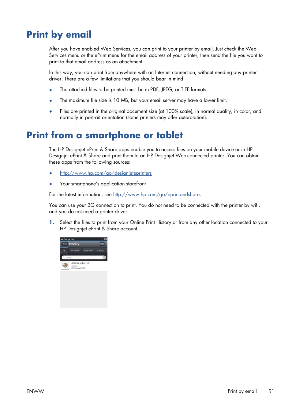 Print by email, Print from a smartphone or tablet, Print by email print from a smartphone or tablet | HP Designjet T120 ePrinter User Manual | Page 59 / 156