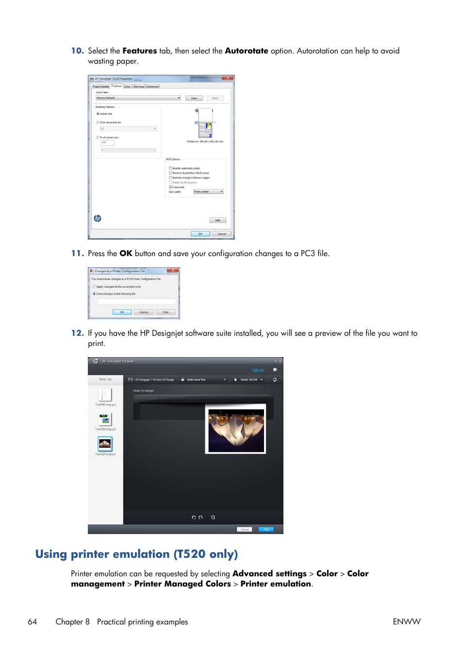 Using printer emulation (t520 only) | HP Designjet T120 ePrinter User Manual | Page 72 / 156