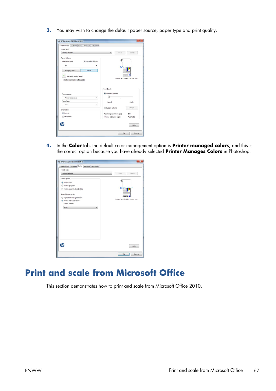 Print and scale from microsoft office | HP Designjet T120 ePrinter User Manual | Page 75 / 156
