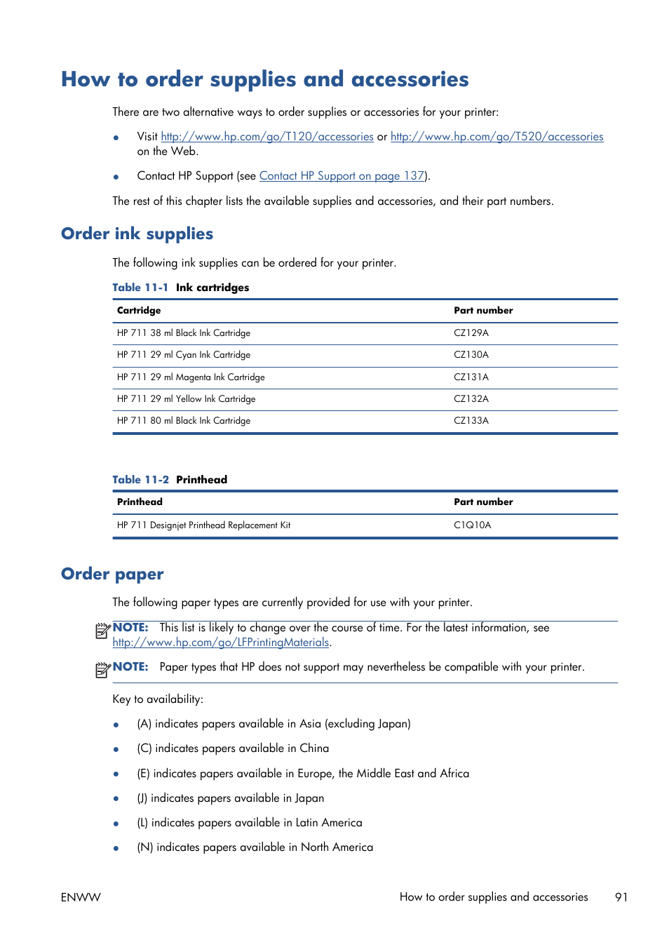 How to order supplies and accessories, Order ink supplies, Order paper | HP Designjet T120 ePrinter User Manual | Page 99 / 156