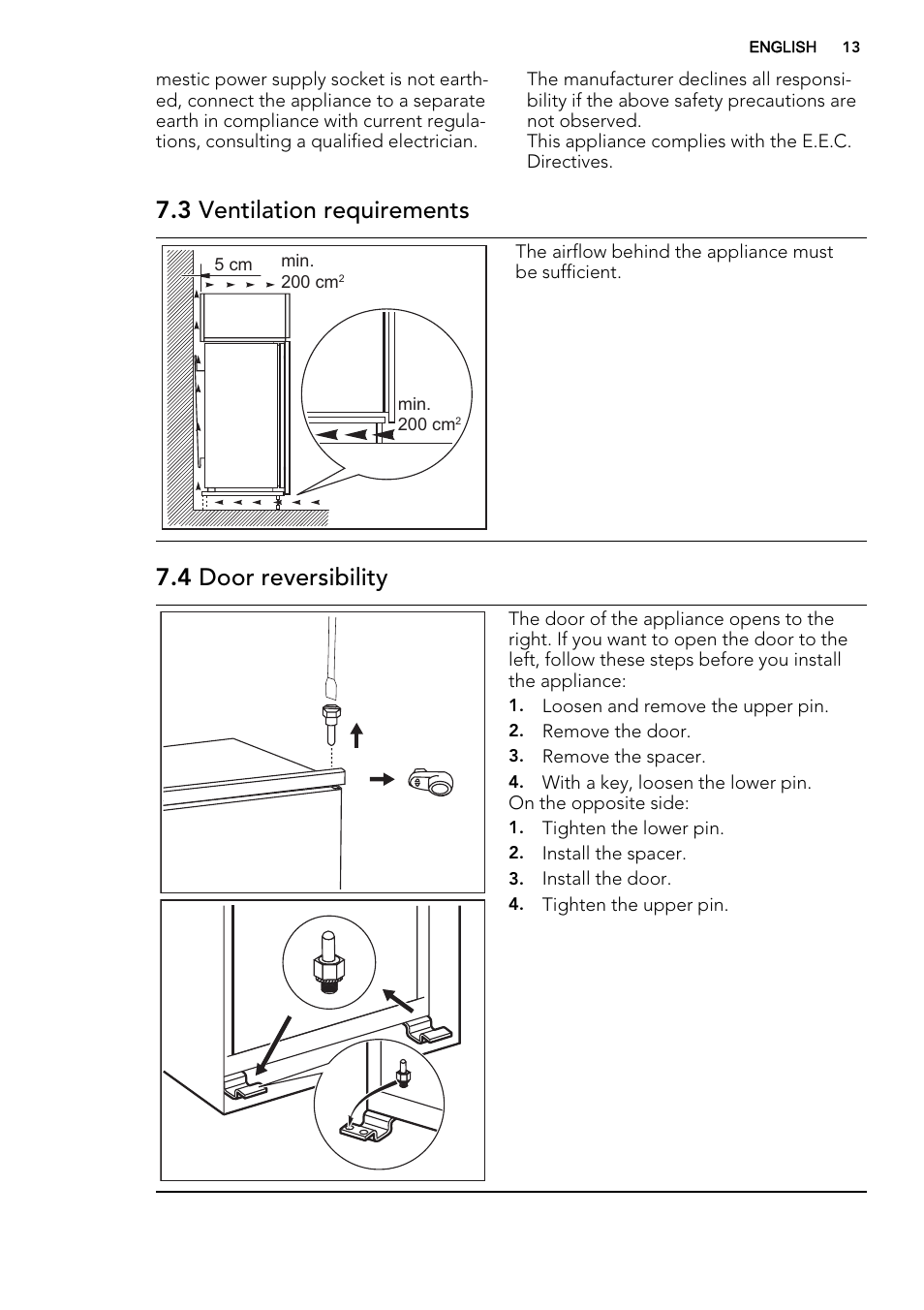 3 ventilation requirements, 4 door reversibility | AEG AGS58800S0 User Manual | Page 13 / 80