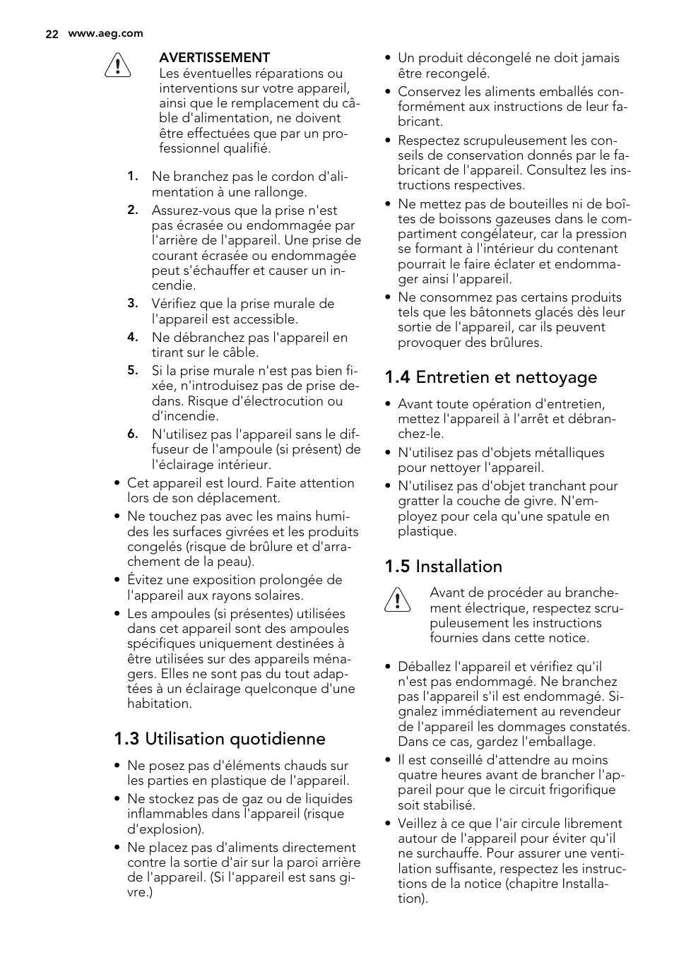 3 utilisation quotidienne, 4 entretien et nettoyage, 5 installation | AEG AGS58800S0 User Manual | Page 22 / 80