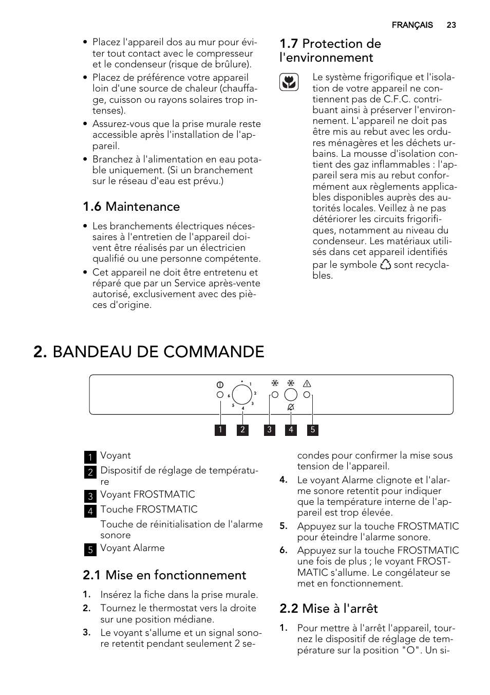 Bandeau de commande, 6 maintenance, 7 protection de l'environnement | 1 mise en fonctionnement, 2 mise à l'arrêt | AEG AGS58800S0 User Manual | Page 23 / 80