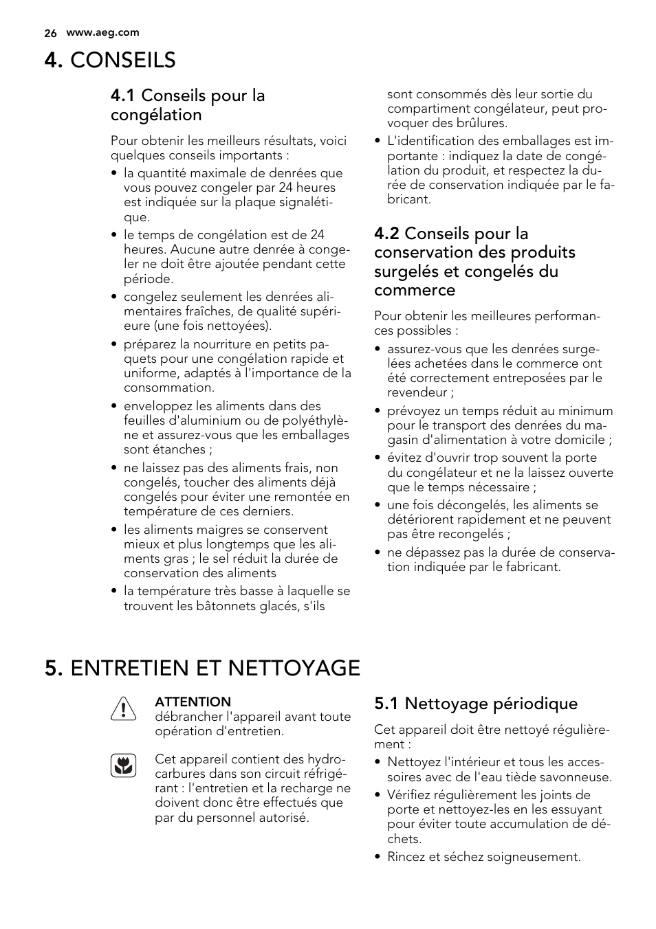 Conseils, Entretien et nettoyage, 1 conseils pour la congélation | 1 nettoyage périodique | AEG AGS58800S0 User Manual | Page 26 / 80
