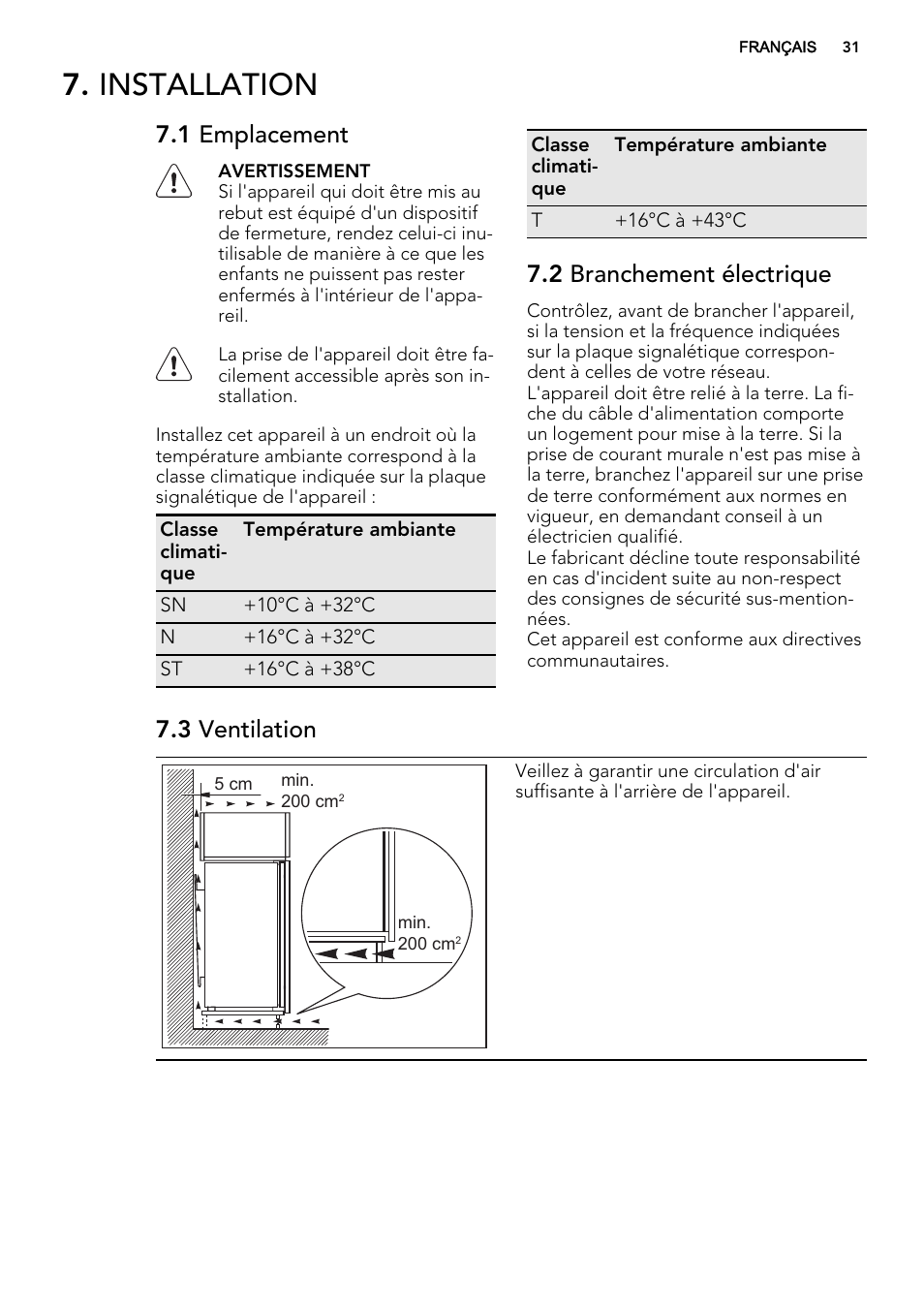 Installation, 1 emplacement, 2 branchement électrique | 3 ventilation | AEG AGS58800S0 User Manual | Page 31 / 80