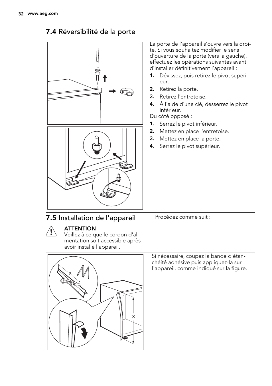 4 réversibilité de la porte, 5 installation de l'appareil | AEG AGS58800S0 User Manual | Page 32 / 80