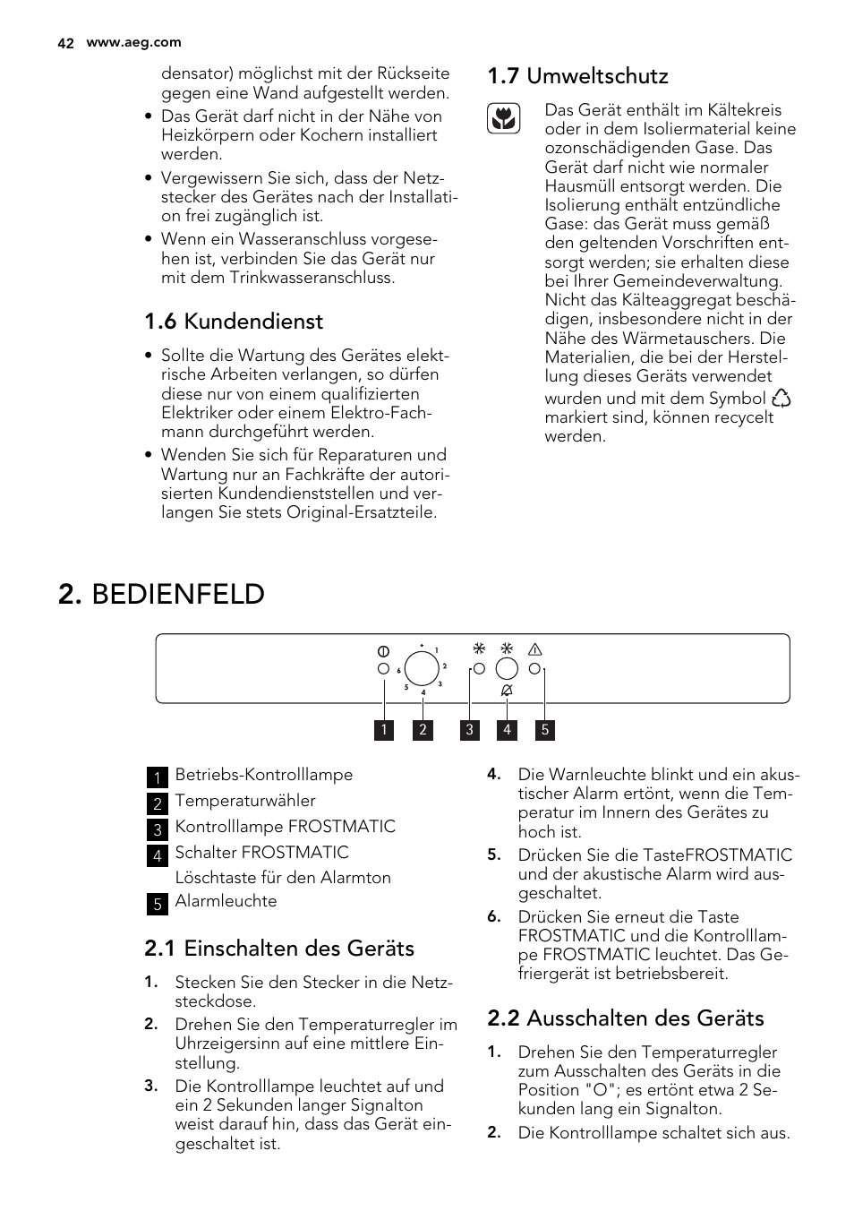 Bedienfeld, 6 kundendienst, 7 umweltschutz | 1 einschalten des geräts, 2 ausschalten des geräts | AEG AGS58800S0 User Manual | Page 42 / 80