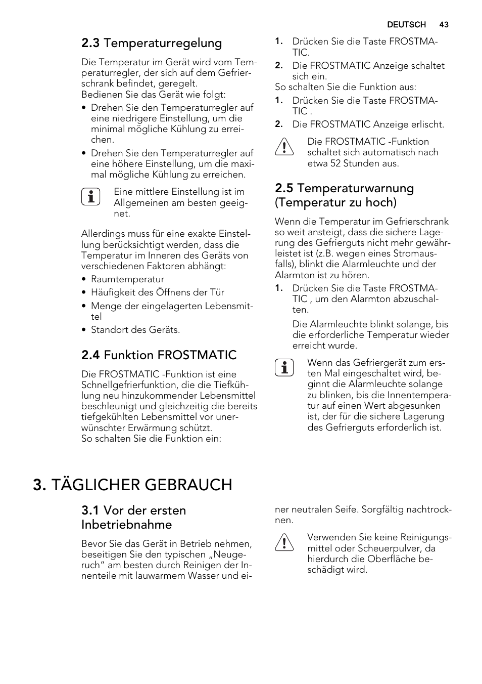 Täglicher gebrauch, 3 temperaturregelung, 4 funktion frostmatic | 5 temperaturwarnung (temperatur zu hoch), 1 vor der ersten inbetriebnahme | AEG AGS58800S0 User Manual | Page 43 / 80