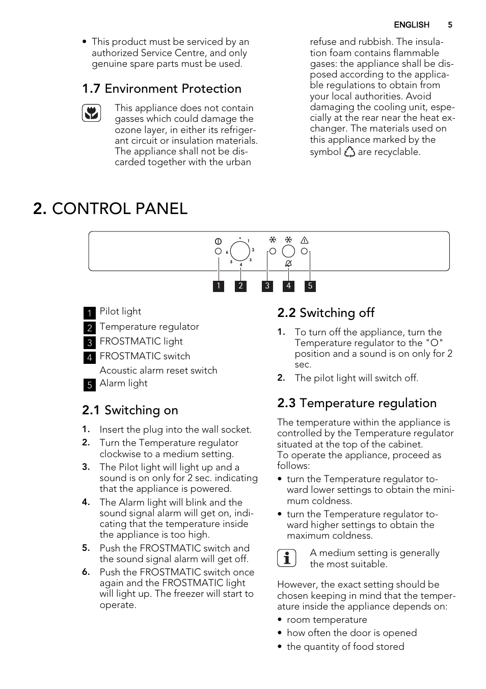 Control panel, 7 environment protection, 1 switching on | 2 switching off, 3 temperature regulation | AEG AGS58800S0 User Manual | Page 5 / 80